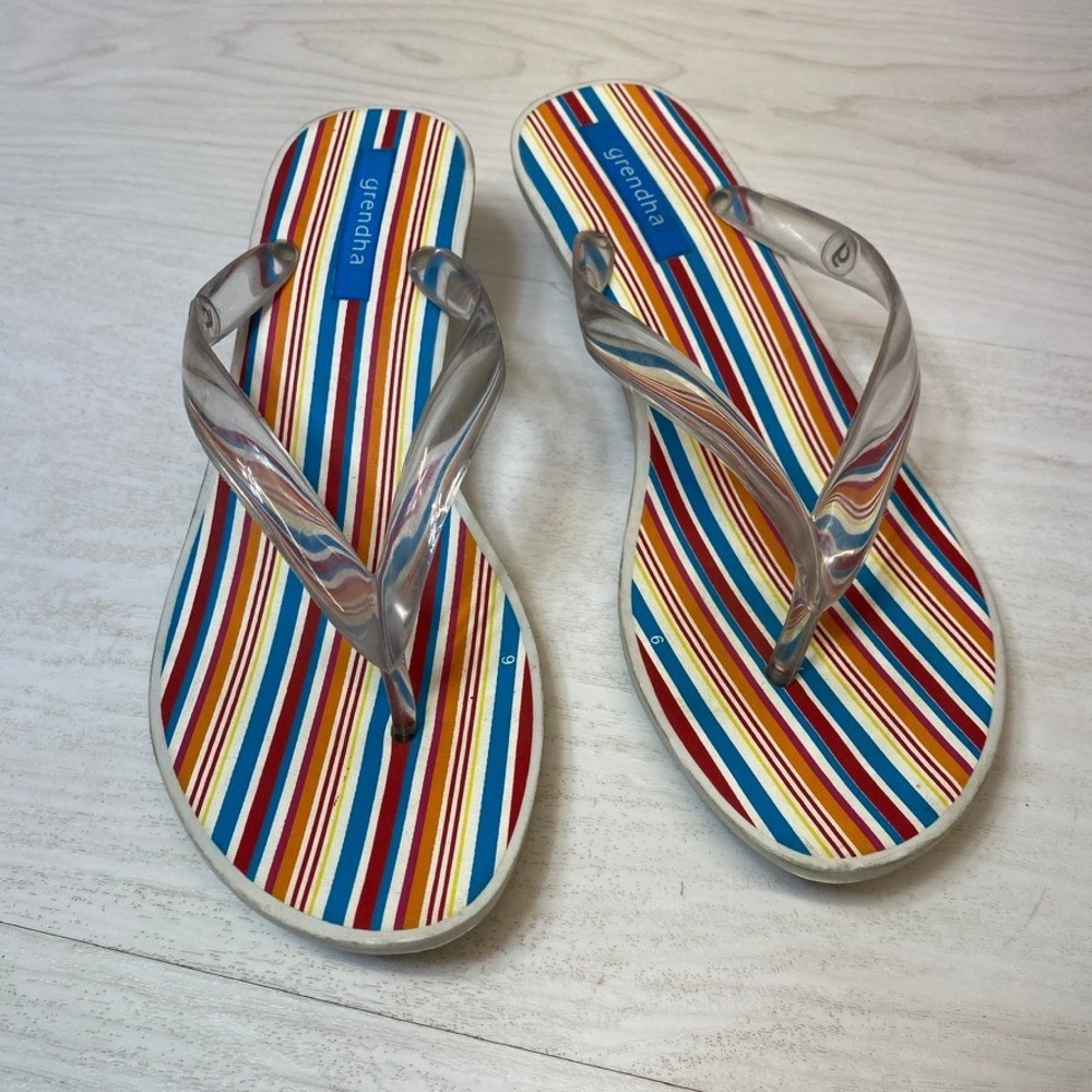 Grendha Womens 7 Kitten Heel Flip Flops Striped Clear Jelly Thong Sandals Multi